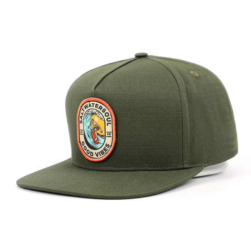 High Quality Wholesale Custom Cheap Adult 5 Panel Cool Flat Brim Army Green Grid Woven Patch Snapback Caps Sport Caps