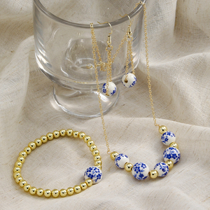 Thời Trang Đơn Giản Trung Quốc Màu Xanh & Trắng Phong Cách Đồ Trang Sức Vàng Chuỗi Hematit Màu Xanh & Trắng Sứ Hạt Vòng Cổ Vòng Đeo Tay Bông Tai Bộ - Product Image 4