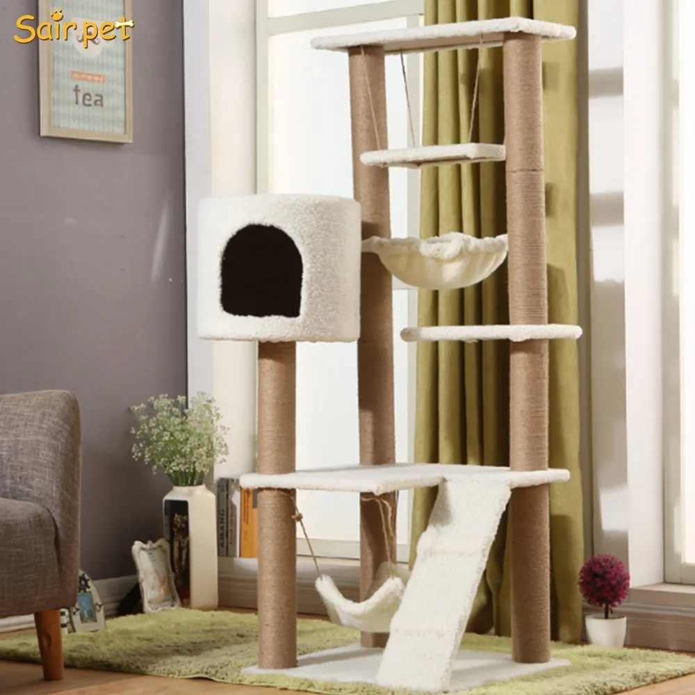 Cats Wood Carving House Wall Mounted Wooden Cat Tree Furniture Include Scratcher Bridge Cando and Platform for Cat Climbing