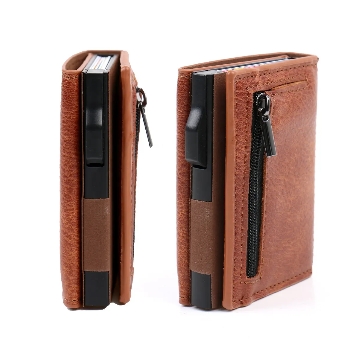 Custom LOGO press Pop up Aluminium alloy metal high-end wallet PU leather banknote card holder Wallet with zipper pocket