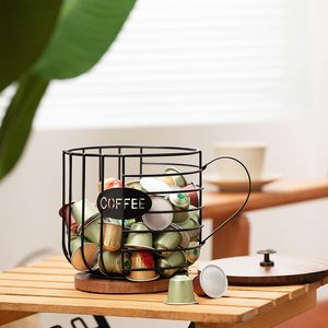 Porte-capsules à café en fil métallique rustique de grande capacité, panier avec couvercle en bois, forme de tasse, organisateur de rangement multifonctionnel détachable - Product Image 6