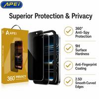 Protection d'écran en verre trempé anti-espion 360 degrés, anti-rayures 9H, installation facile pour iPhone 15, 17, 18 Pro Max