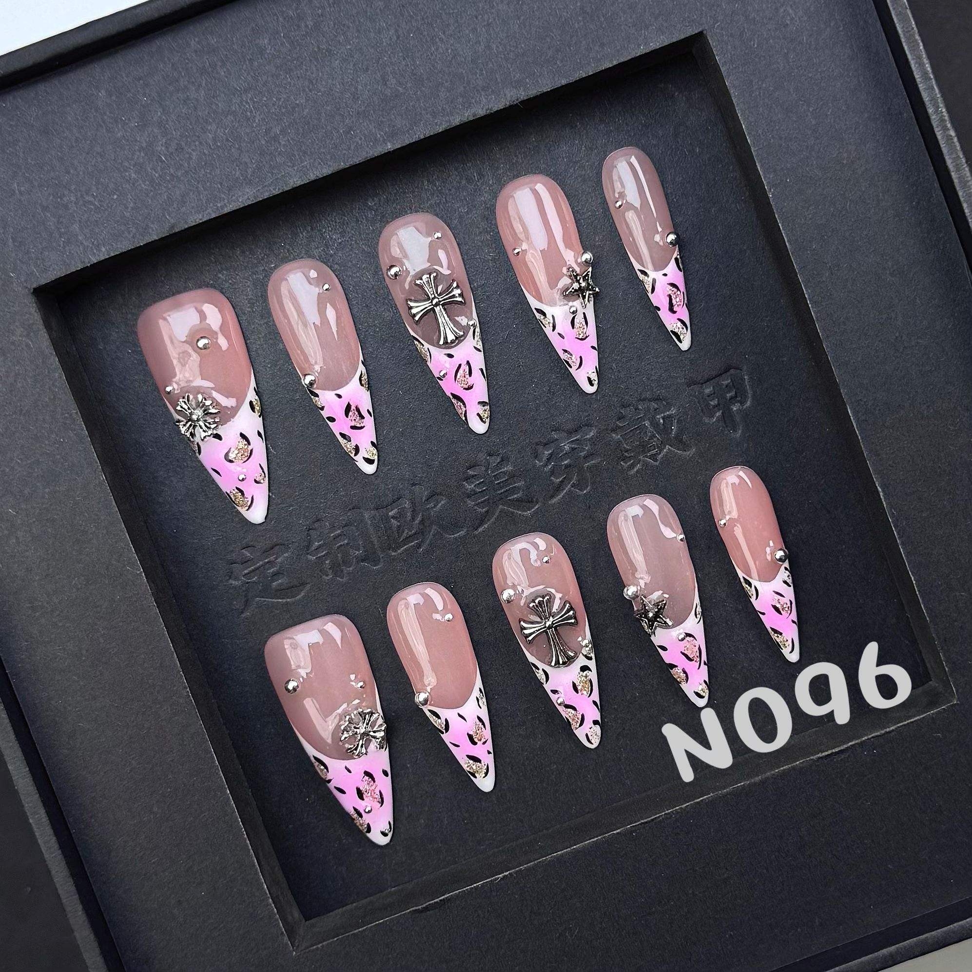 201-205 Handmade 10-Piece French Style Stiletto Carving Flowers Press-On Nails Handmade False Nails Shape for Fingers