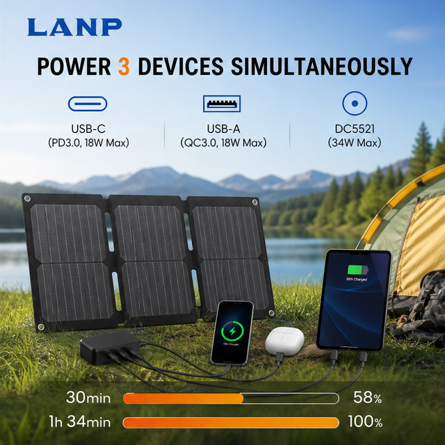 34W 24% Efficiency Foldable ETFE Laminated Solar Panel IP67 Waterproof USB Charger Lightweight Portable Backpack Clip Camping