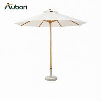 Parasol de terrasse commercial rond 3x3m avec base et mât imitation bois pour entrée de magasin, devanture de commerce, café et marché
