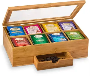 竹茶储物盒-天然木材茶胸部组织者与小抽屉; 竹类植物; 茶叶盒 8 室