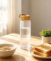 Bouteille en verre borosilicate haute résistance côtelée de 550 ml (18 oz), étanche, portable, avec couvercle en bois pour l'extérieur