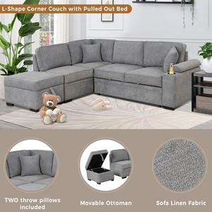Modern Three Seat Fabric Convertible <b>Sofa</b> <b>Bed</b> Pull-Out Function 2-in-1 L-Shape <b>Storage</b> Ottoman Villa Living Room Bedroom Hotel - Product Image 2