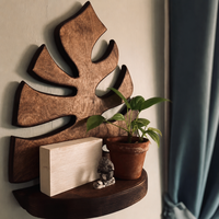 Étagère murale en bois naturel en forme de feuille de Monstera, décoration murale bohème pour plantes, vente en gros personnalisée OEM, étagère murale en forme de feuille de Monstera