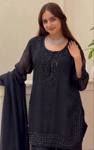 New Designer Party Wear Top-Plazzo Dupatta 3 Pieces Suit Heavy Embroidery <b>Beads</b> Work Free Stretchable Wedding Suit - Product Image 2