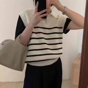 Suéter sin Mangas y Chaleco Casual Minimalista para Mujer, Chaleco de Punto a Rayas con Cierre y Cuello Retro para Mujer - Product Image 5