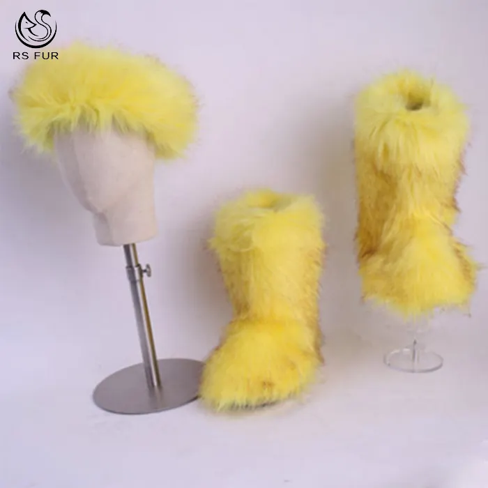 2020 new fashion pure or rainbow fur boots and matching headbands purse set for women