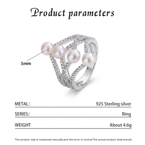Bague en perles d'eau douce, bijoux en argent S925, bague large multi-perles et zircon pour femmes, vente en gros - Product Image 6