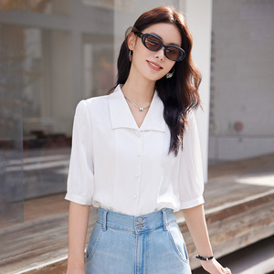 Women's White Shirt Solid Color Poplin Collared Short Sleeve Chic Commuter Top - Product Image 4
