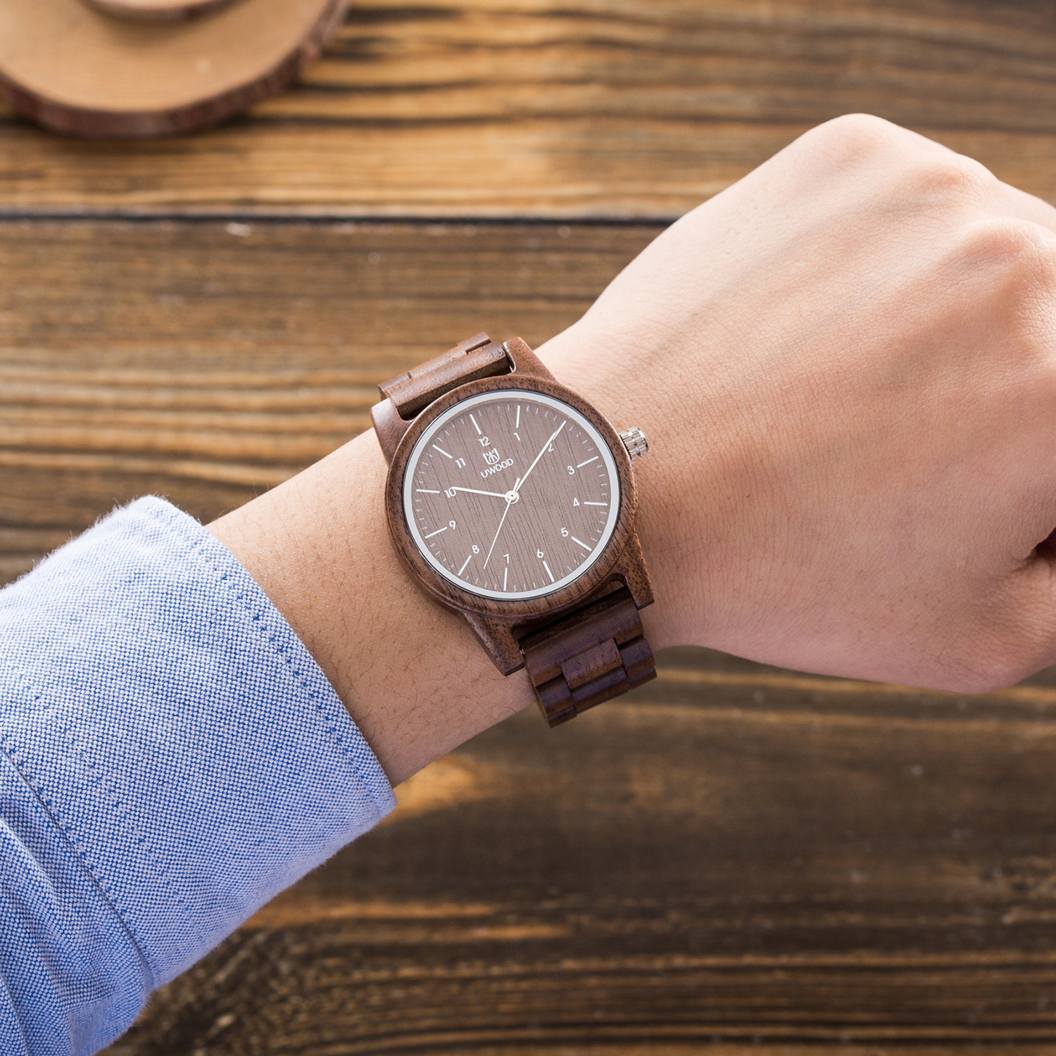 Unisex Bamboo Uwood Series 40 mm Natural Handmade Wood Adjustable Band Watch UWOOD Mens Wooden Watch Black Dial Natural Solid Wood  main image 2