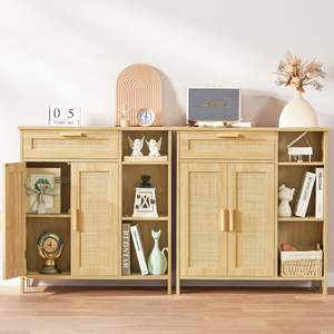 أبواب راتان من البلوط الطبيعي ، خزانة بثلاثة أرفف مفتوحة ، خزانة جانبية ، بمعنى المعيشة الفنية - Product Image 2