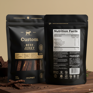Bolsa de pie roja negra impresa personalizada 150g 250g 500g <span class=keywords><strong>Doypack</strong></span> Ziplock <span class=keywords><strong>bolsas</strong></span> de plástico con materiales reciclados para carne de cerdo carne seca - Product Image 1