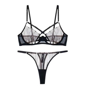 Ensemble de Lingerie en Maille Brodé pour Femme, Soutien-Gorge à Armatures et Culotte String, Ensemble 2 Pièces Transparent, Vente en Gros OEM ODM - Product Image 6
