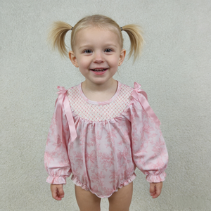 LR2932 RTS Infant Baby pink bows print Smocked style <b>Kids</b> Wholesale Romper long Sleeve girl cuteb <b>Bubble</b> - Product Image 1