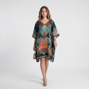 Robe longue kaftan africaine en viscose pour femme, coupe décontractée, tunique, poncho, kimono, manches chauve-souris, finition soyeuse, style bohème, pour les vacances et la détente - Product Image 1