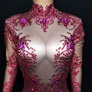 Barboteuse de luxe en Rose pour femmes, combinaison de <span class=keywords><strong>danse</strong></span> ornée de diamants rouges, vêtements de fête sexy, costume de scène - Product Image 4
