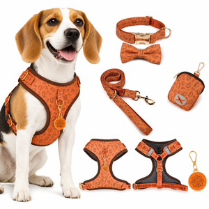 <b>Dog</b> Harness Set Adjustable No Pull Pet Harnesses with Collar Bow Tie Leash Poop Bag Holder ID <b>Tag</b> with Metal Buckle Coffee - Product Image 1