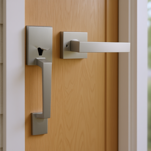 Juego de manijas para puerta principal de níquel satinado con orificio ajustable, palanca cuadrada, reversibilidad derecha, sin cerradura, para puerta de entrada - Product Image 2