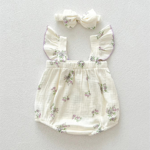 Nuova Collezione Estate 2026: Tutina LangAI per Neonata con Stampa Floreale, <span class=keywords><strong>100</strong></span>% Cotone Pettinato, Chiusura con Bottoni e Fascia per Capelli, per Bambine - Product Image 1