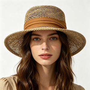 Unisex Hollow <b>Straw</b> Bucket <b>Hat</b> Fabric Band Wide Brim UV Protection Summer Beach Sun <b>Hat</b> ACE Custom Logo - Product Image 1