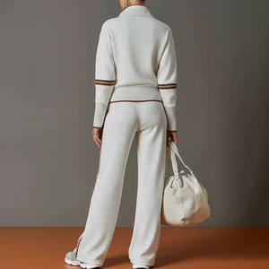 KingSen Women's 2 Piece Contrast Striped Tracksuit Set 1/4 Zip Sweatshirt Wide Leg Pants <b>Elastic</b> Waist Casual Loungewear Outfit - Product Image 5