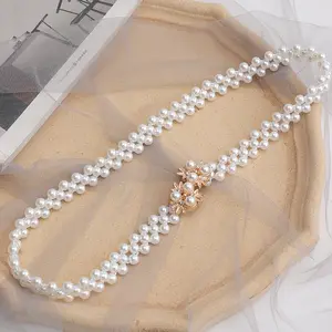 Cinturón de novia con perlas y cuentas blancas para mujer, cinturón elástico con diamantes de imitación de cristal para vestido de boda