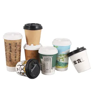 Copos de papel descartáveis para bebidas quentes e café com tampa, copos de papel com paredes duplas personalizáveis e com múltiplas especificações