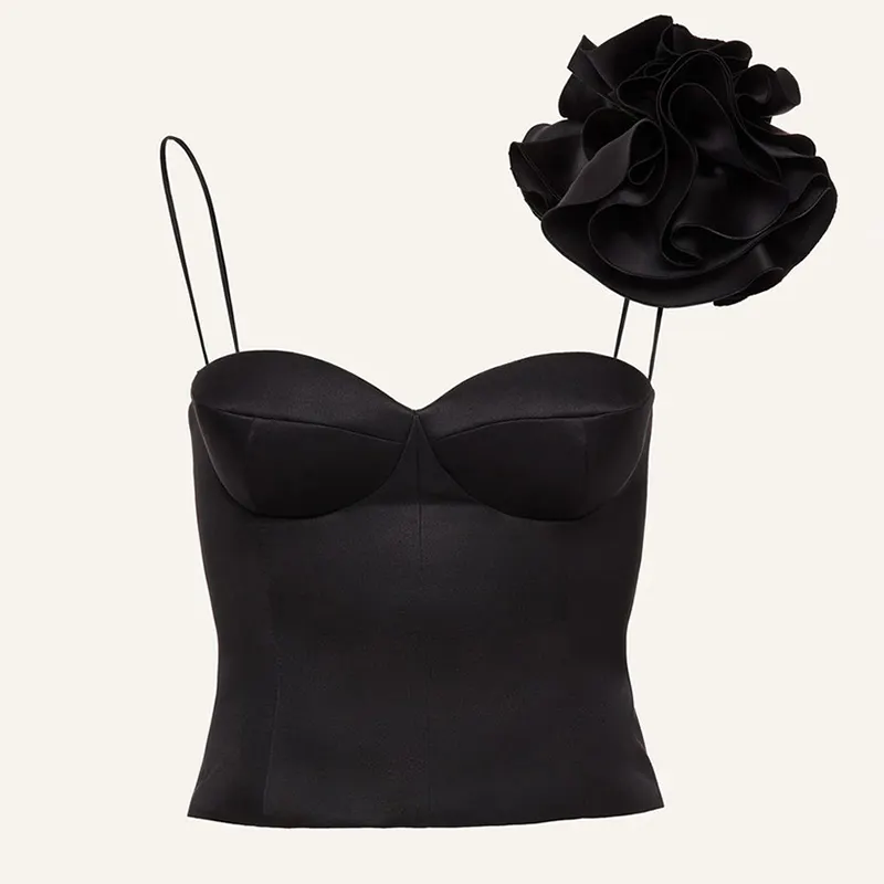 TWOTWINSTYLE Black Patchwork Flower Sling Cold Shoulder Sleeveless Slim Crop Women's Cami