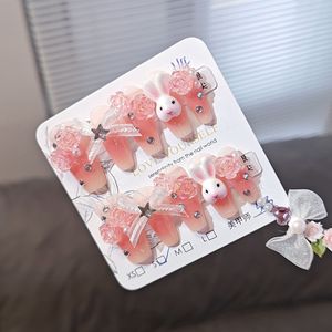 <span class=keywords><strong>Faux</strong></span> ongles réutilisables en acrylique avec breloques lapin 3D, rose rose et nœud, base rose ombrée, pour les amateurs de style <span class=keywords><strong>Kawaii</strong></span> et romantique - Product Image 2