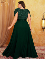 Robe de soirée élégante haut de gamme pour femme grande taille, col en V profond, manches bouffantes, ourlet évasé, taille nouée, avec empiècements de sequins