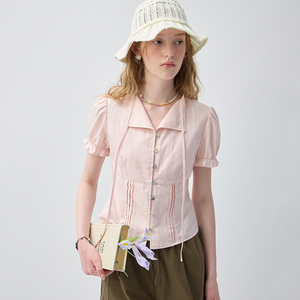 Chemisier rose clair à manches bouffantes VEGA CHANG pour femme, col en V avec cordon de serrage, chemise décontractée, vente en gros - Product Image 1