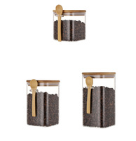 Pot en verre carré en borosilicate sans plomb avec couvercle en bambou et cuillère, hermétique, multifonctionnel pour le stockage en cuisine du café, des bonbons, du thé et des épices