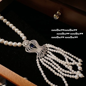 Collana Vintage Placcata <span class=keywords><strong>Oro</strong></span> con Fiori Intrecciati, Pendente con Zaffiro Blu Mare Profondo, Perla <span class=keywords><strong>d</strong></span>'Acqua di Tahiti, Zircone e Perla per Feste - Product Image 3
