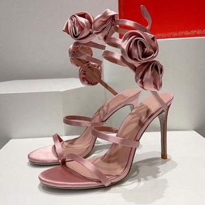 Sandales à talons aiguilles sexy pour femme, à bout ouvert et rond, avec lanières croisées à la cheville et fleurs en soie, pour la scène - Product Image 5