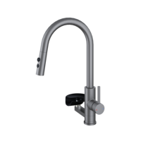 Robinet de cuisine moderne monocommande en acier inoxydable brossé, à montage sur plan, avec douchette céramique, installation facile, et rince-gobelet automatique