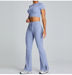 OEM النساء مضلع المحاصيل أعلى تي شيرت مع طماق مضيئة <span class=keywords><strong>2</strong></span> مجموعات بالإضافة إلى حجم اليوغا الرياضية مجموعات صالة ألعاب رياضية لياقة بدنية نشطة - Product Image 6