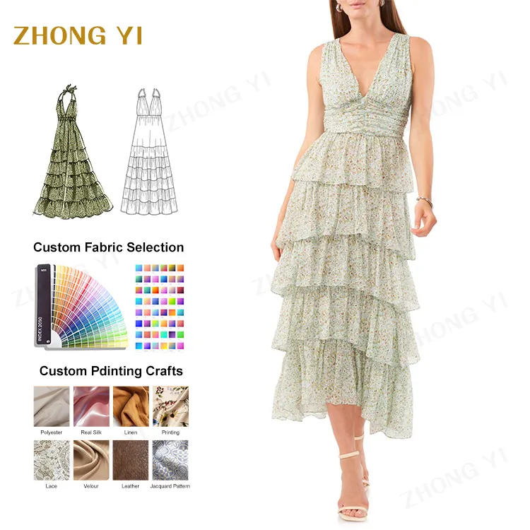 2024 Fabricante personalizado mais recente coleção de moda elegante verão feminino floral em camadas maxi vestido causal