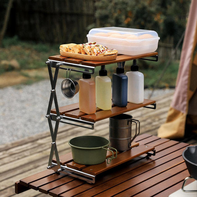 Camping Stainless Steel Folding Table 2-Layer Solid Wood Lightweight Portable Outdoor Dining Furniture for Kitchen & Picnic