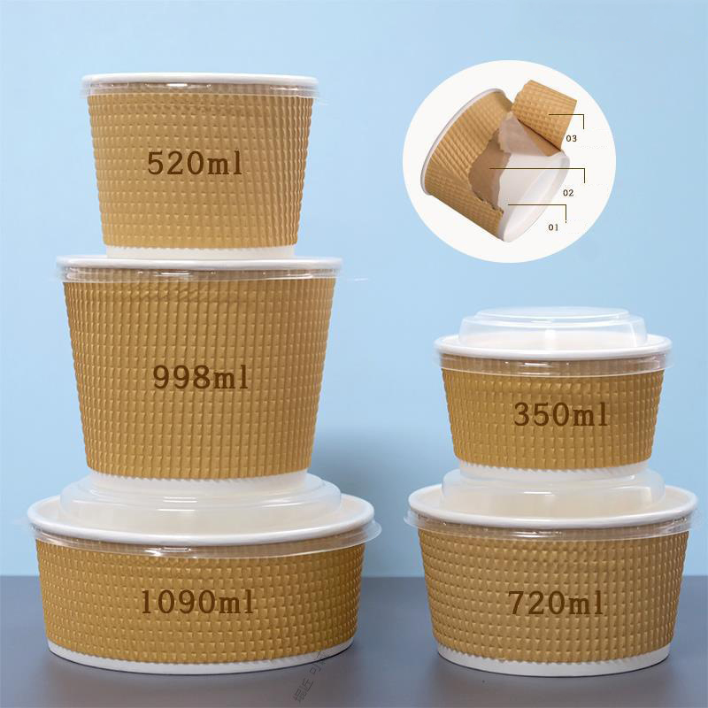 Food Grade Eco Friendly Pe Coated Custom Disposable Double Ripple Wall Salad Soup Kraft Paper Cup Bowl With Paper Lid