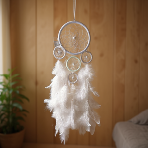 Acchiappasogni 15x20cm con Piume Bianche Decorativo da Appendere a Parete - Product Image 2