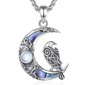 Changda Animal Lover Moon Norse Amulet 925 Sterling Silver Madre de perla Moonstone Viking Crow Ravens Colgante Collar - Product Image 1