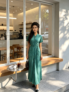 Neuheiten Damen Sommerkleid Puffärmel Knopfleiste Gestreiftes Hemdkleid Elegantes Bürokleid mit Gürtel - Product Image 3