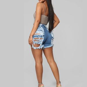 กางเกงยีนส์ขาสั้นเอวสูงสีน้ำเงินฟอกแบบเซ็กซี่ ขายส่ง ปรับแต่งได้ พร้อมชายรุ่ย ขาดเซอร์ๆ สไตล์วินเทจ สำหรับผู้หญิง - Product Image 6