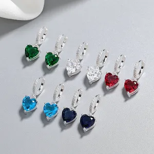 Elegant Colored Zircon Sterling Silver Heart Drop Huggies Earrings For Wholesale Silver Plated Earrings