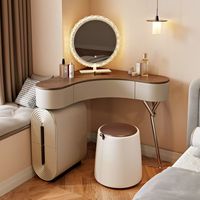 Coiffeuse de luxe minimaliste italienne à coins arrondis avec meuble de rangement et miroir LED 3 couleurs pour petite chambre